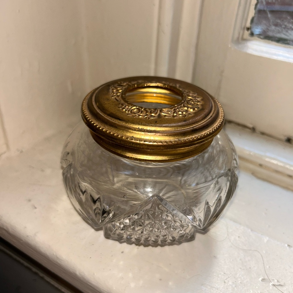 Victorian Art Nouveau Cut Glass Hair Receiver With Gold Lid